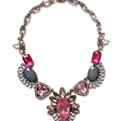 Pink Statement Necklace, Pink Crystal Rhinestone..