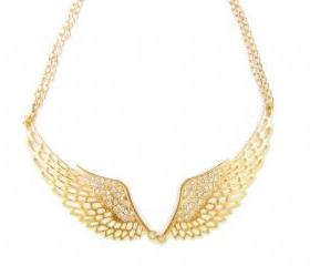 Women's Cubic Zirconia Angel Wings Heart Necklace - Gold Statement Pendant Choker