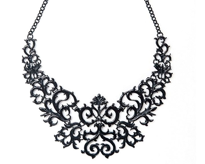 Black Laser Cut Baroque Statement Necklace, Black Bib Necklace, Black Collar Necklace