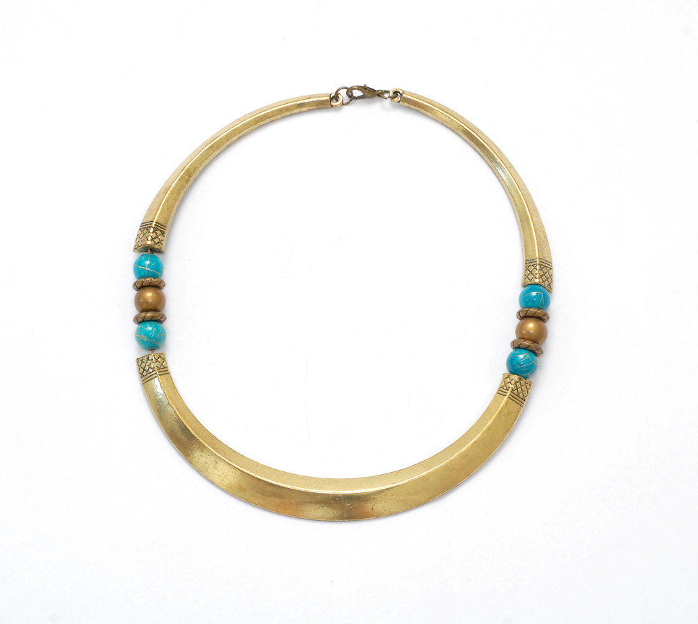 Tribal Choker Necklace With Blue Beads, Tribal Collar Necklace
