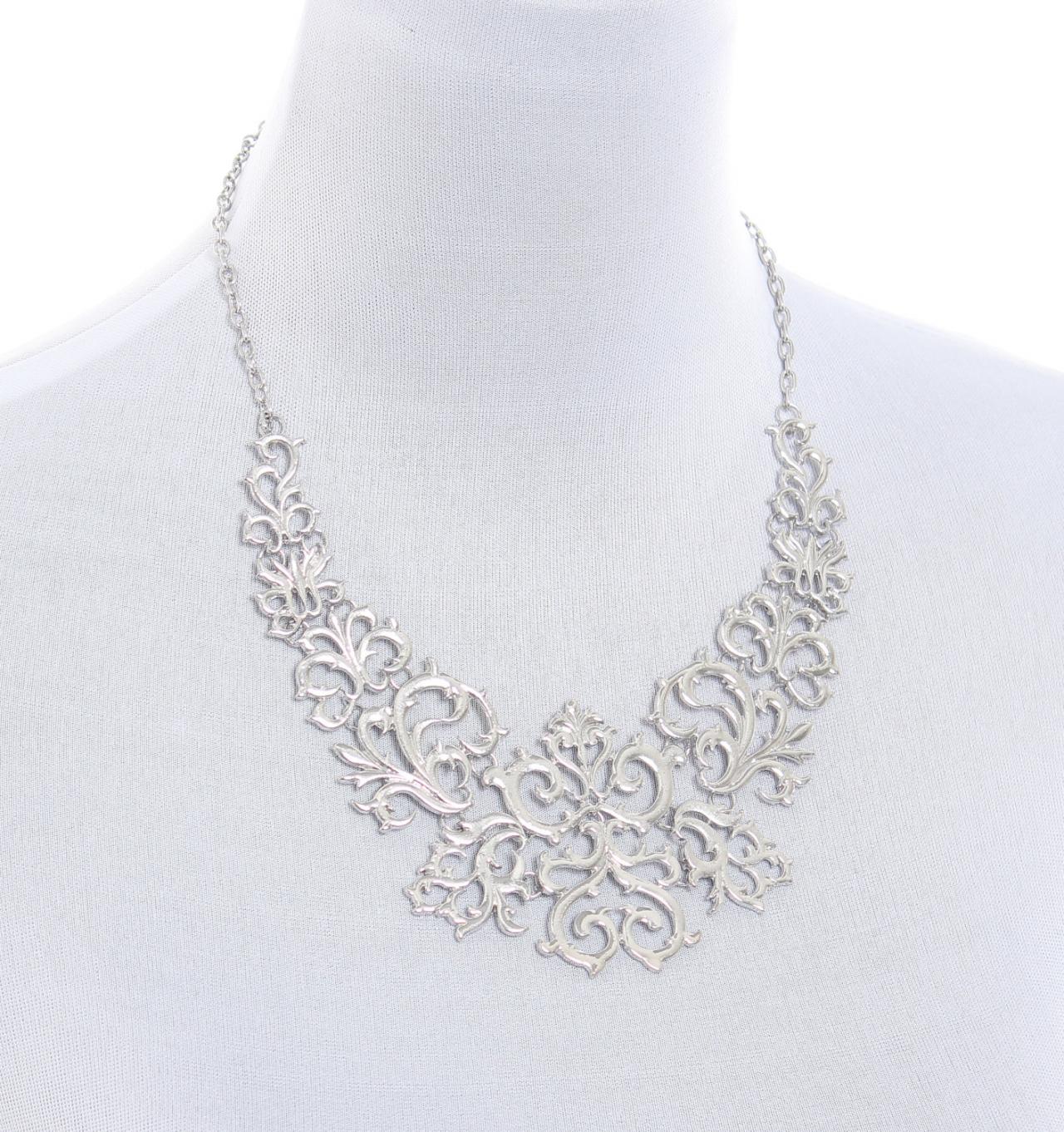 Silver Statement Necklace, Silver Bib Necklace, Silver Baroque Necklace