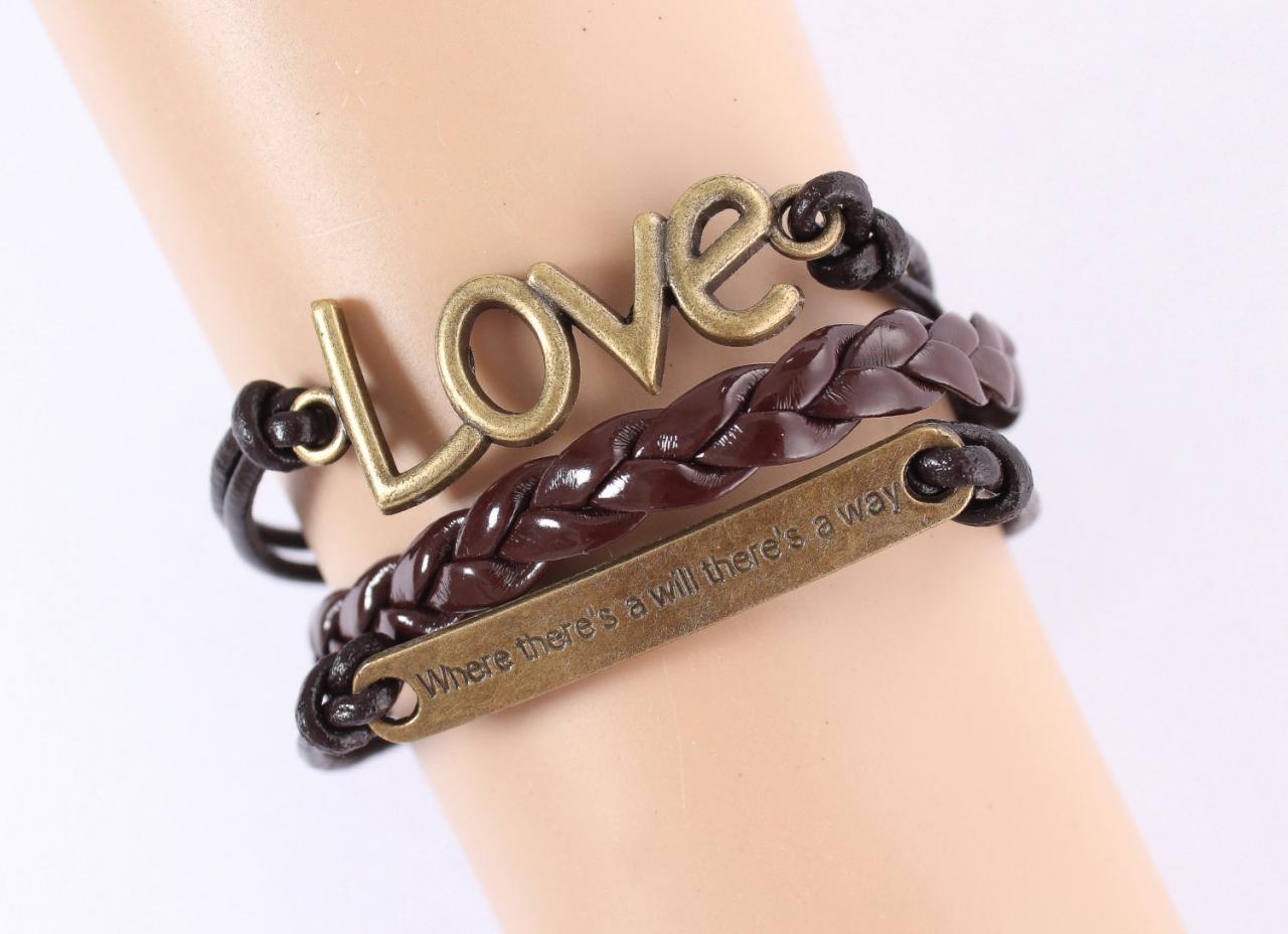 Brown Friendship Charm Bracelet With Love And Quote Charm