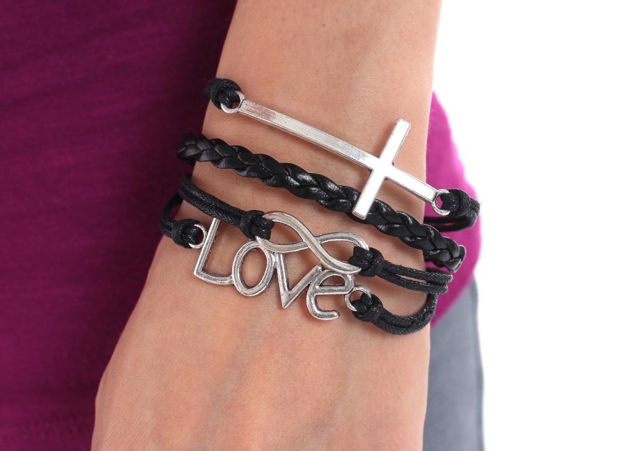 Black Friendship Charm Bracelet With Love, Cross And Infinity Charms