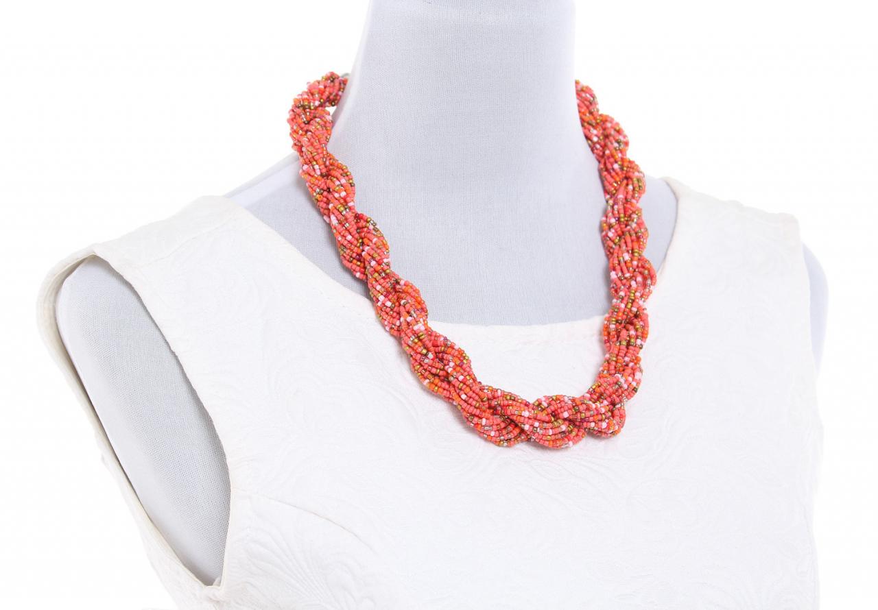 Red Multi Strand Beaded Statement Necklace