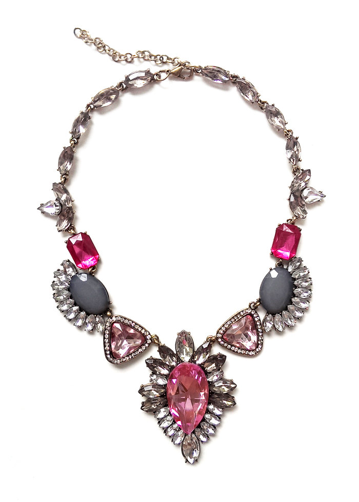 Pink Statement Necklace, Pink Crystal Rhinestone Bib Necklace