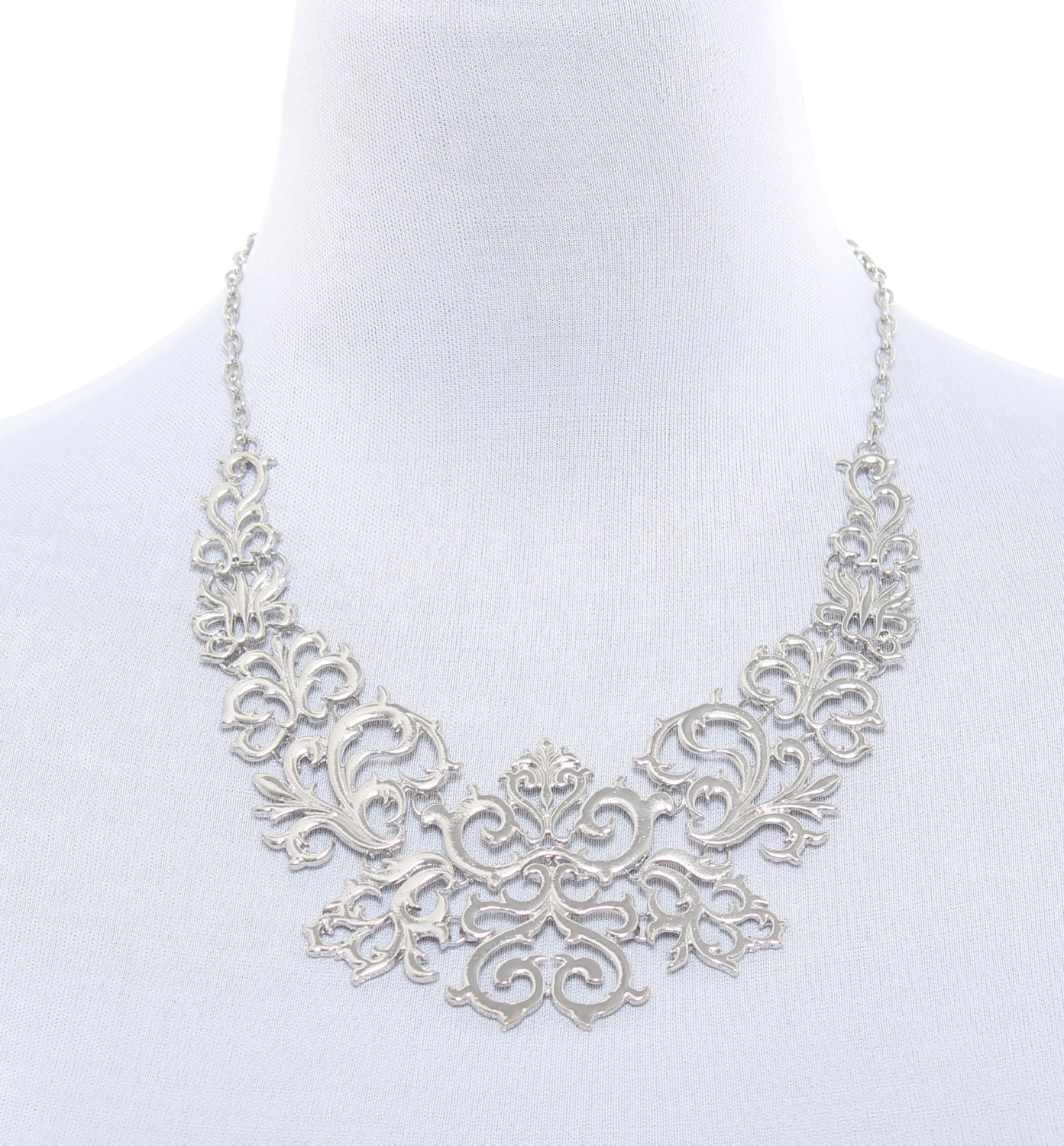 Silver Statement Necklace, Silver Bib Necklace, Silver Baroque Necklace